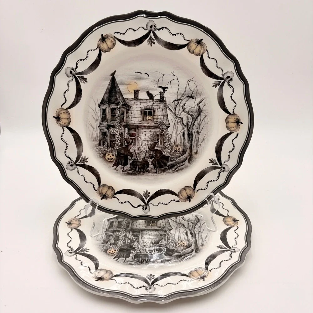 Set of 2 Melamine Halloween Haunted House Witches Scalloped Dinner Plates Skulls